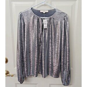 New Loft Silver Shiny Metallic Long Sleeve Blouse Size M Holiday NYE